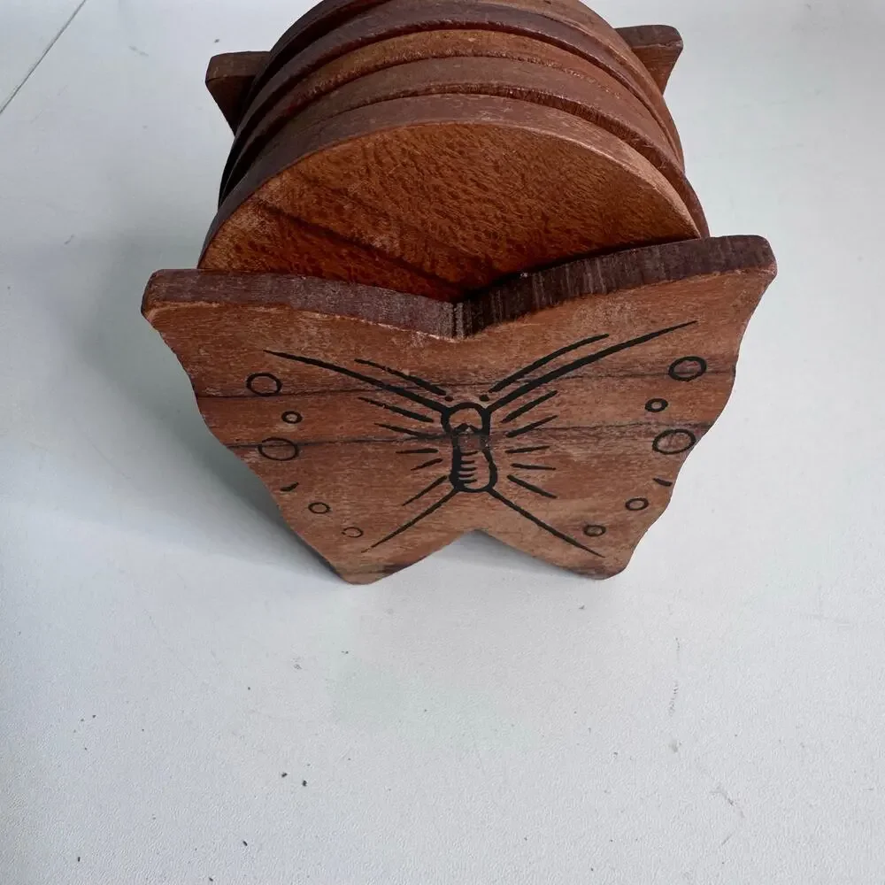 Vintage Boho Wood Butterfly Coaster Holder with Wood And Cork Inserts Set of 6